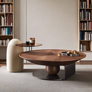 Modern Round Coffee Table with Glass Side Table Walnut Finish Center Table with Sculptural Base